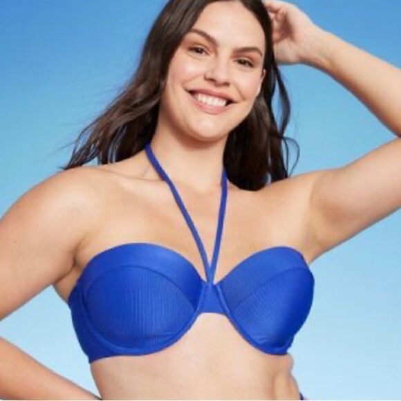 Shade & Shore Women's Lightly Lined Ribbed Halter Bikini Top Royal Blue NWT 32DD - Picture 1 of 9